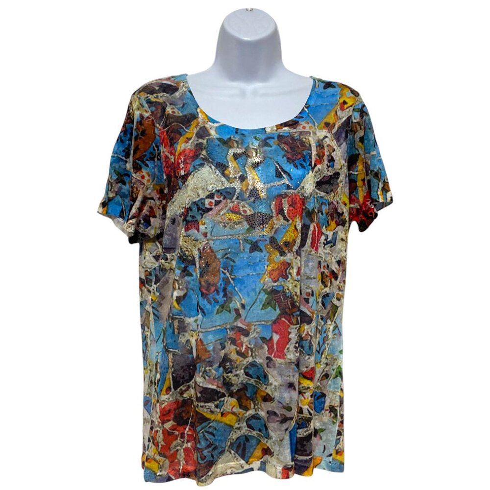Women's Large Pullover Top Multi-Color Rhinestone Design By-Colour Works